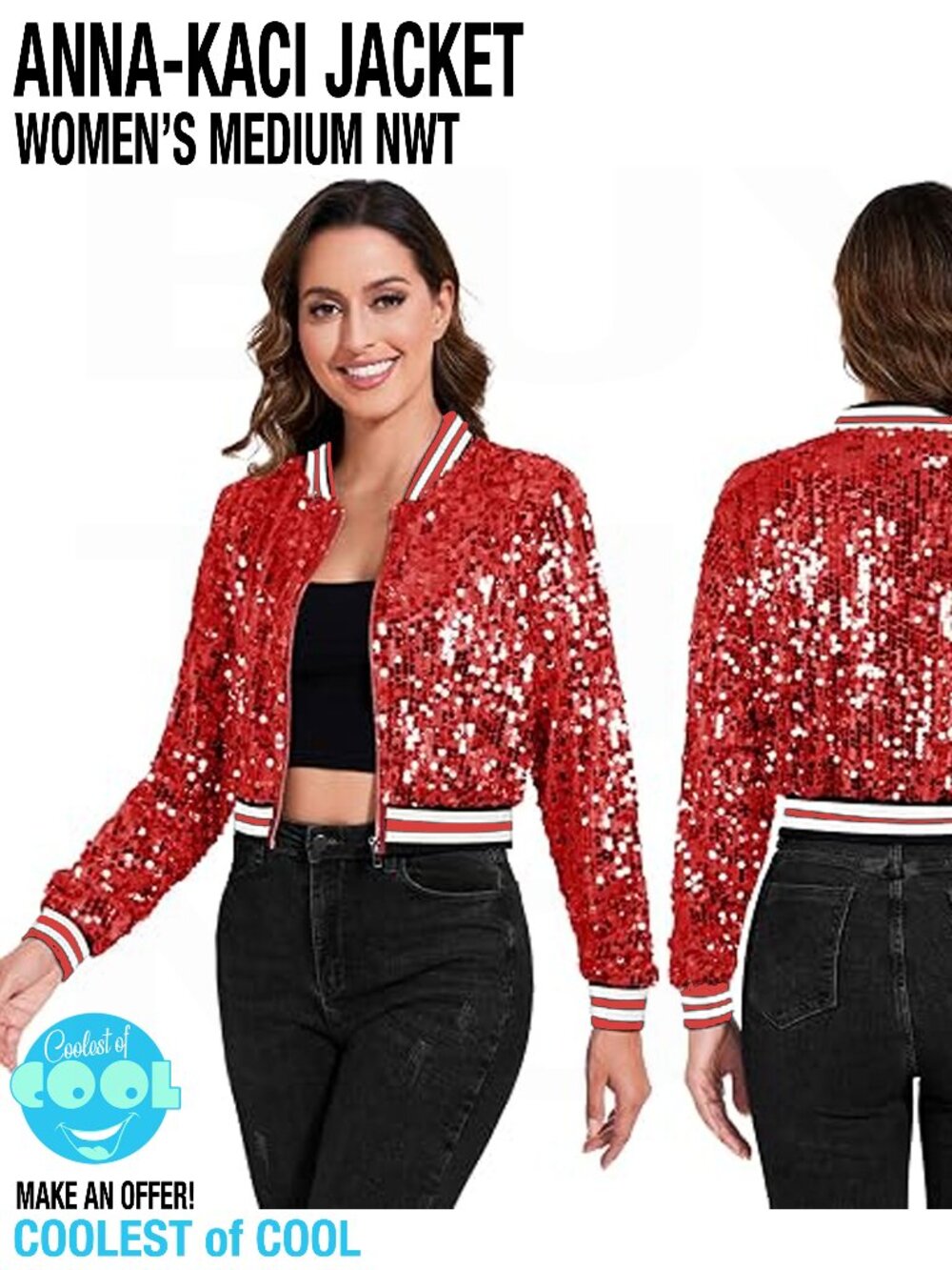Anna-Kaci Red Sequin Bomber Jacket Women's Size Large full zip new with tags
